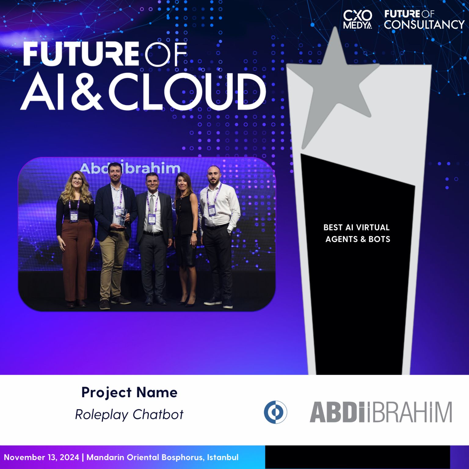 Best AI Virtual Agents & Bots award at Future of AI & Cloud Summit by CXO Media